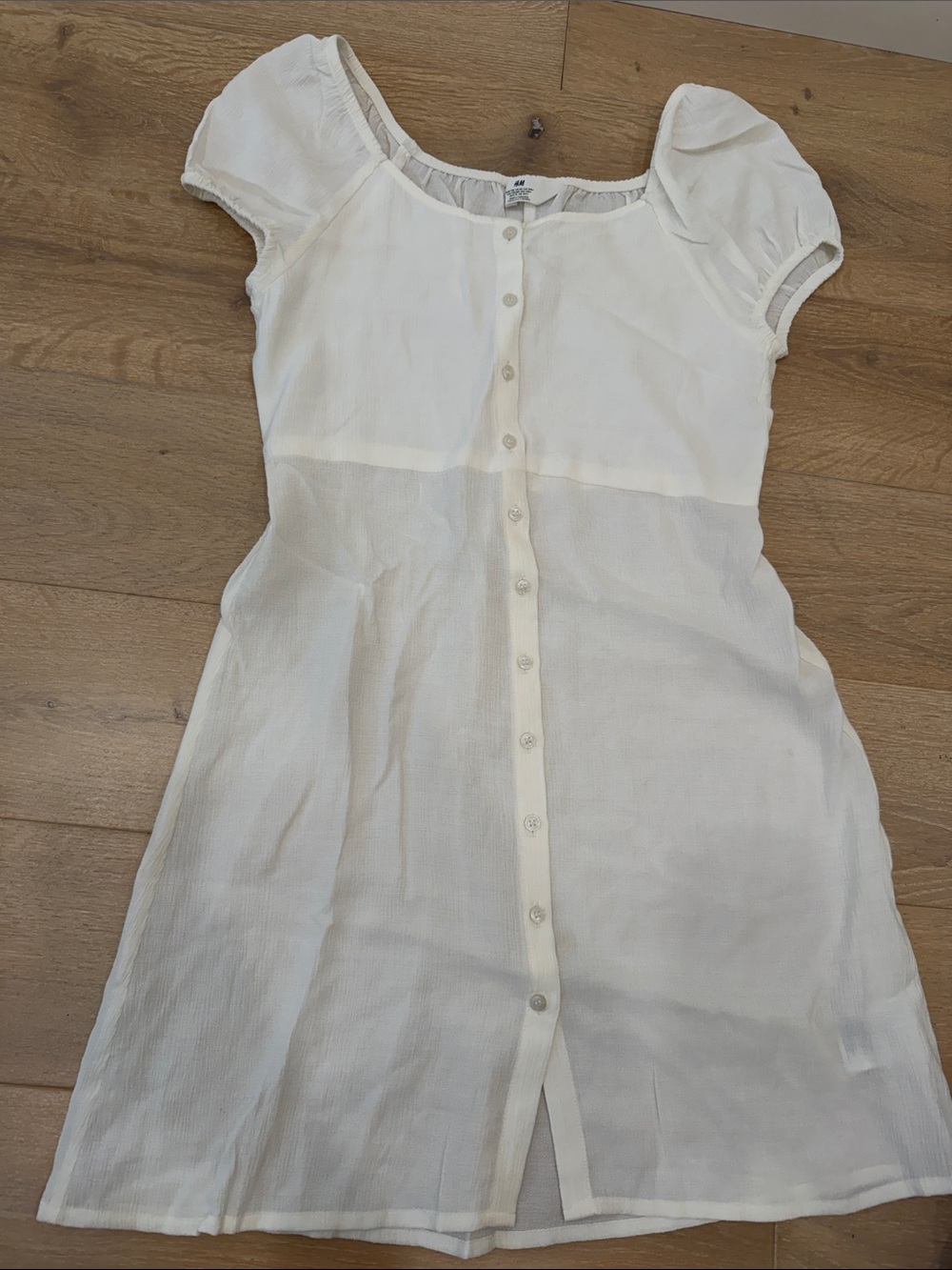 H&M White Lightweight Button-Front Puff Sleeve Swim Coverup